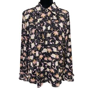 INC Black Floral Paisley Ruffle Blouse Boho Whimsigoth Button Front 1X